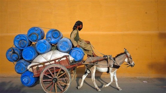 Pakistanlı bir adam eşek arabaları ile boş su bidonlarını taşıyor.