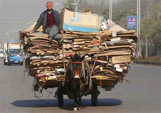 Çin’in Changzhi şehrinde geri dönüştürülmek üzere toplanmış mukavva ve kartonlarla yüklü eşek arabasında yolculuk ederken esneyen bir adam.